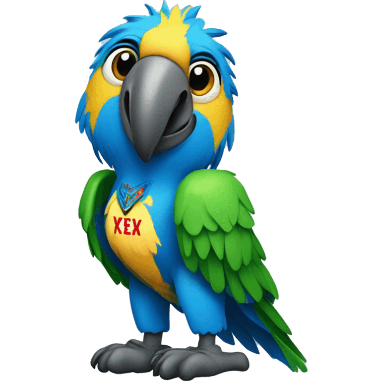 blue macaw with a shirt with "fexei" written emoji