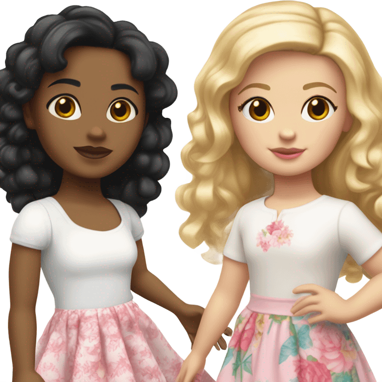  one  girl with short straight black hair and pale skin with white shirt and pink skirt on, one American girl with long curly dirty blond hair and a floral dress on.  Both are friends emoji