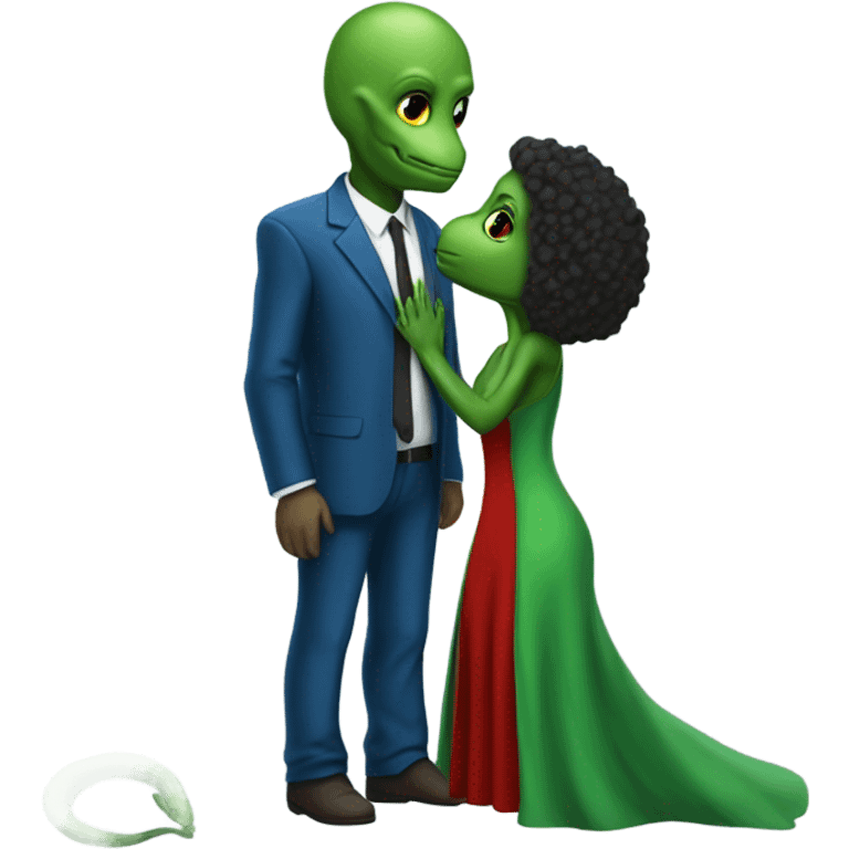 Beatiful tall green skin female reptilian in red dress, kissing white man in blue dress, full figure, full body emoji