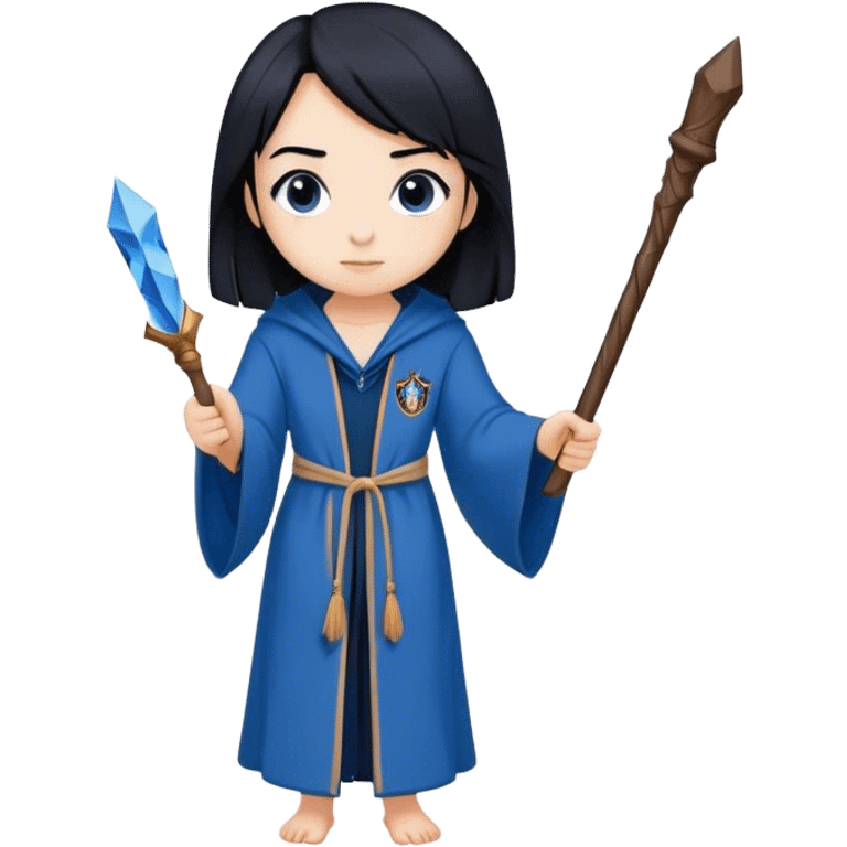 Girl with straight black hair and a ravenclaw Robe and a wooden wand emoji