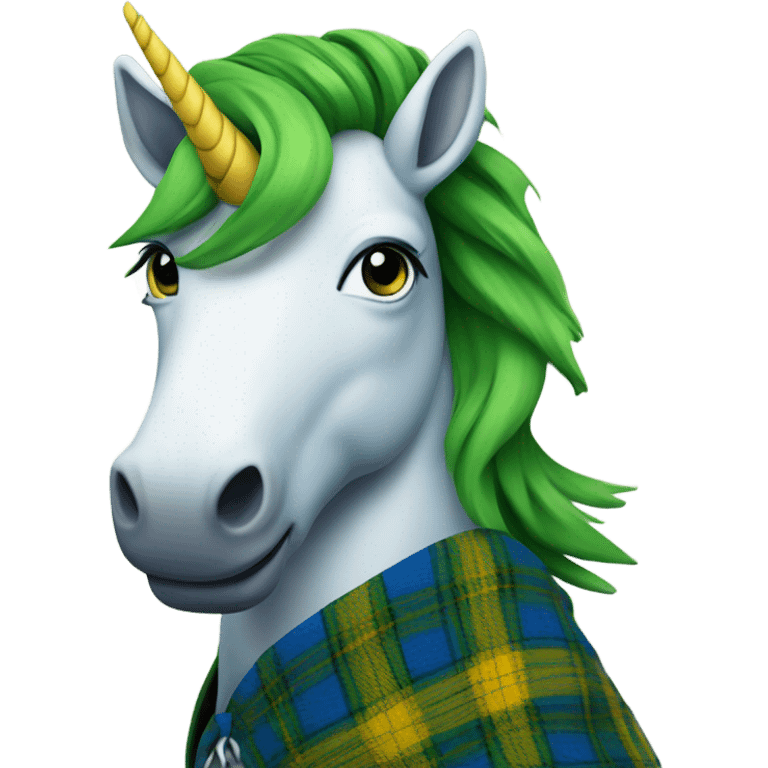 Scottish Unicorn wearing a green, blue, and yellow tartan kilt  emoji