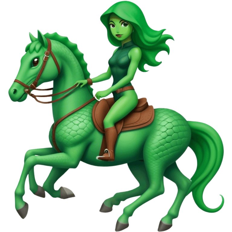 reptilian alien green woman, rides horse emoji