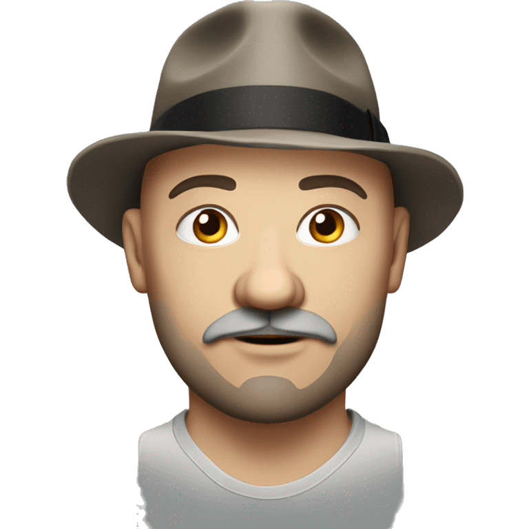 Photorealistic, realistic serious A plump bald man of Slavic appearance with a goatee beard and mustache, wearing a fedora hat, big details emoji