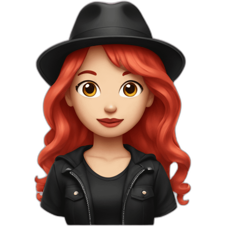 A girl with red hair and wearing a black hat with Hello Kitty drawn on it  emoji