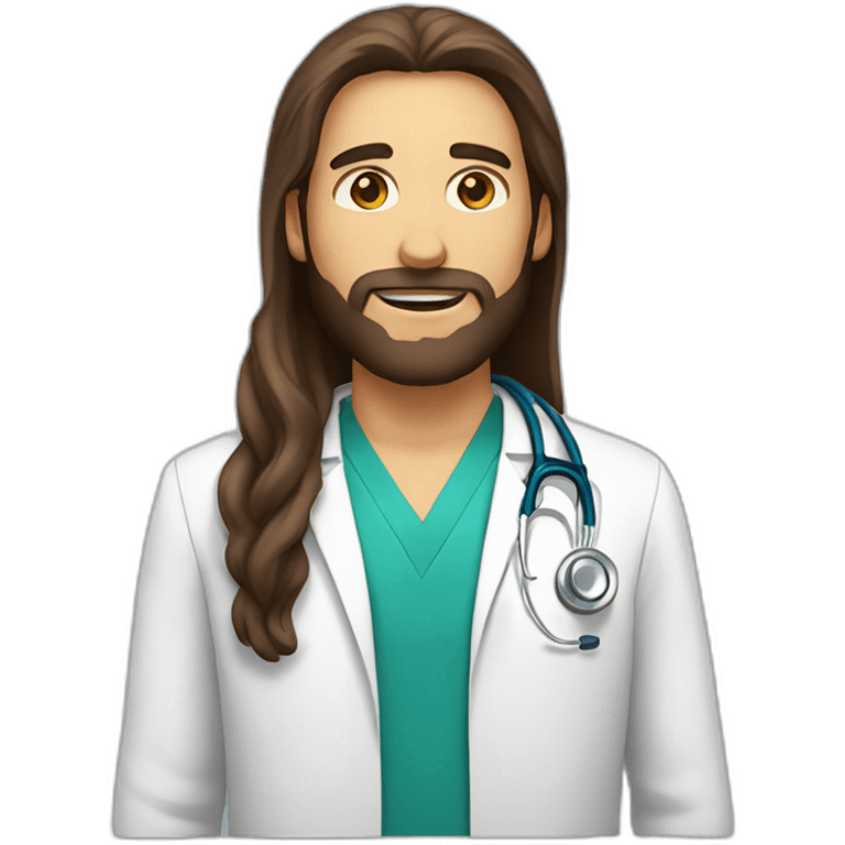 doctor with long brown hair and beard, brown eyes emoji