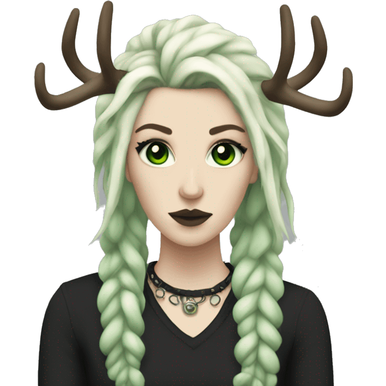 Punk woman, pale skin, green eyes, black dreadlocks, eyeliner, deer antlers  emoji