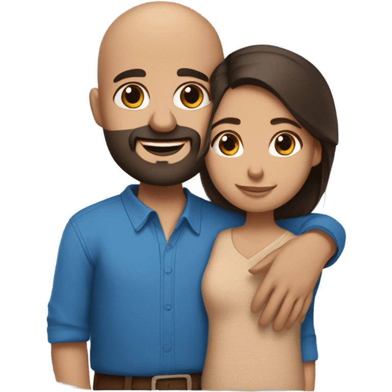 Comforting hug from brunette Puerto Rican with dark brown eyes wearing a cute blue blouse to short, bald man with brown eyes and a beard emoji