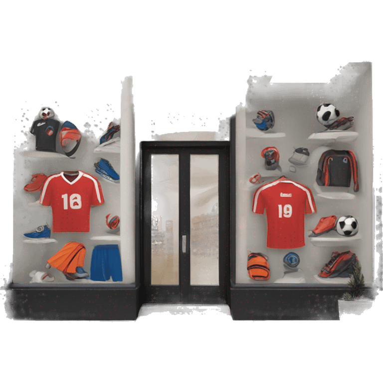 “Soccer store exterior with bold signage, large windows showcasing football gear, jerseys, and accessories, and a dynamic, athletic design reflecting the energy of the sport.” emoji