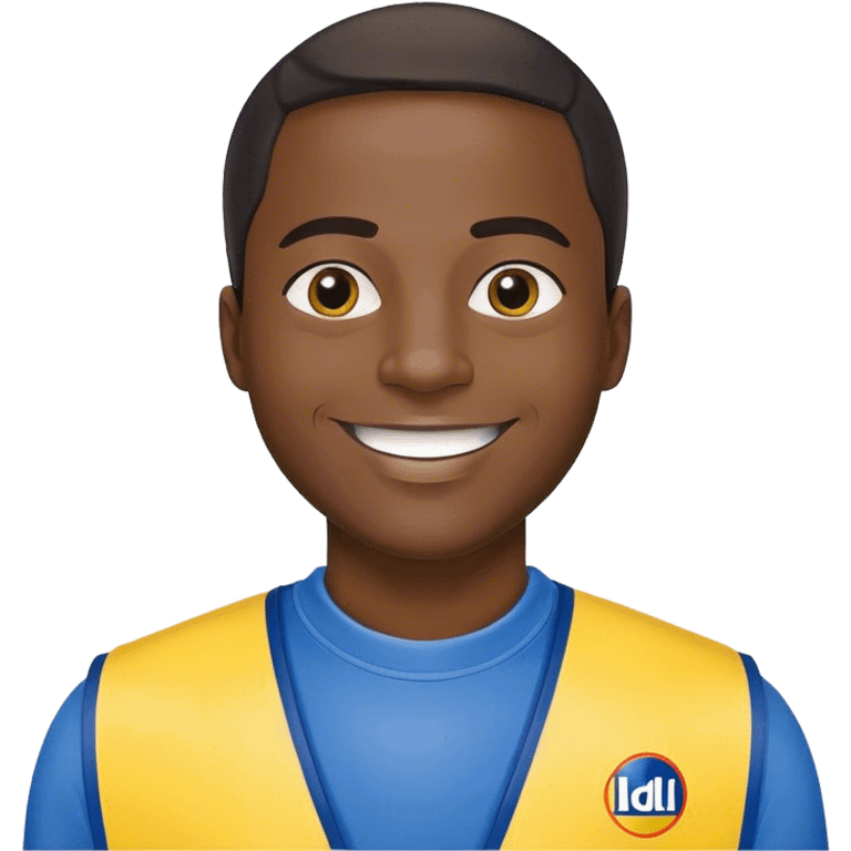 Black man smile. He has yellow and bleue cloth on him, with Lidl sloggan.  emoji