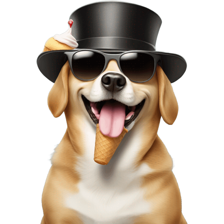 Dog with sunglasses and a top hat eating ice cream emoji