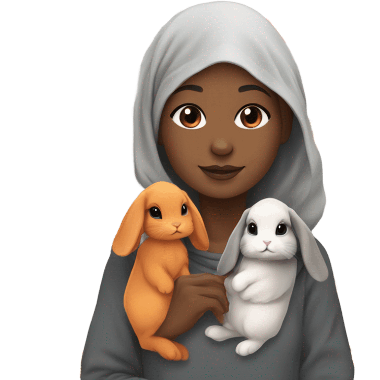 Black Muslim girl and her 3 cute orange, gray, and mix colored holland lop bunnies emoji