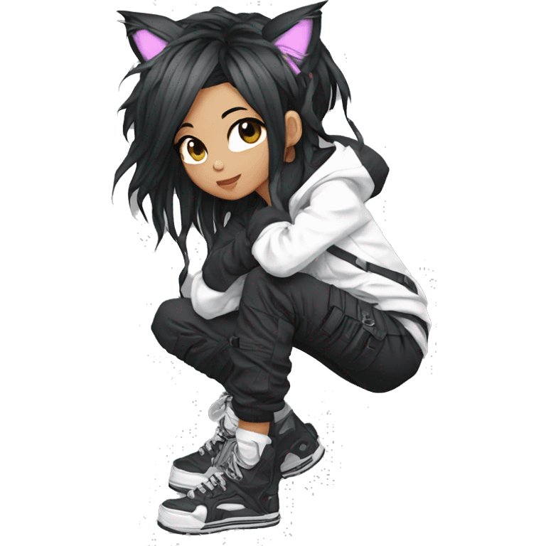 Edgy beautiful pretty anime punk tomboy with cat ears techwear cargo pants hoodie emoji