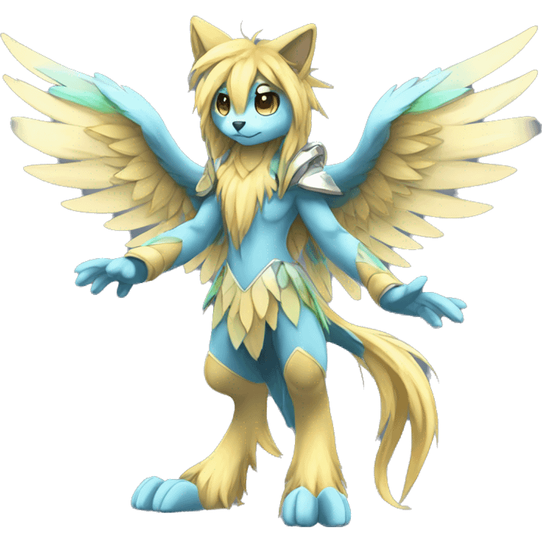 Anthro Sona Cool Edgy Cute Colorful Shy Winged Shiny Fakemon-Fantasy-Creature With Long Hair-Mane Full Body emoji