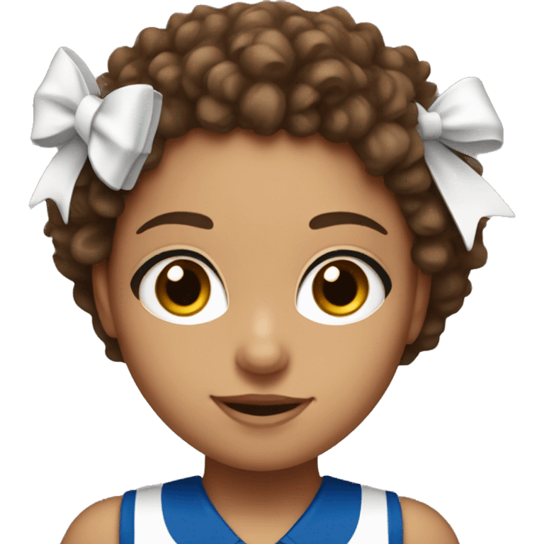 cheerleader with brown hair, hazel eyes & has curly hair with a white bow emoji