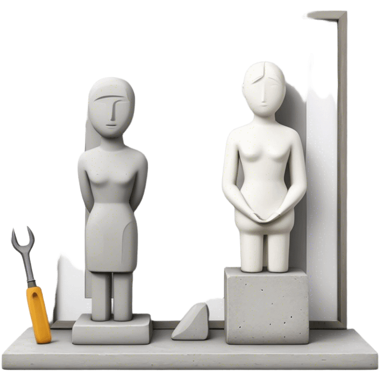 Plaster sculpture and concrete sculpture, small and large, standing side by side, simple and textured, sculpting tools nearby, minimalistic, on a white background, no extra details. emoji