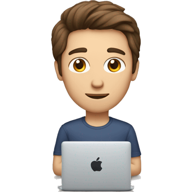 a man typing on a mac with brown hair and haisle brown eyes emoji