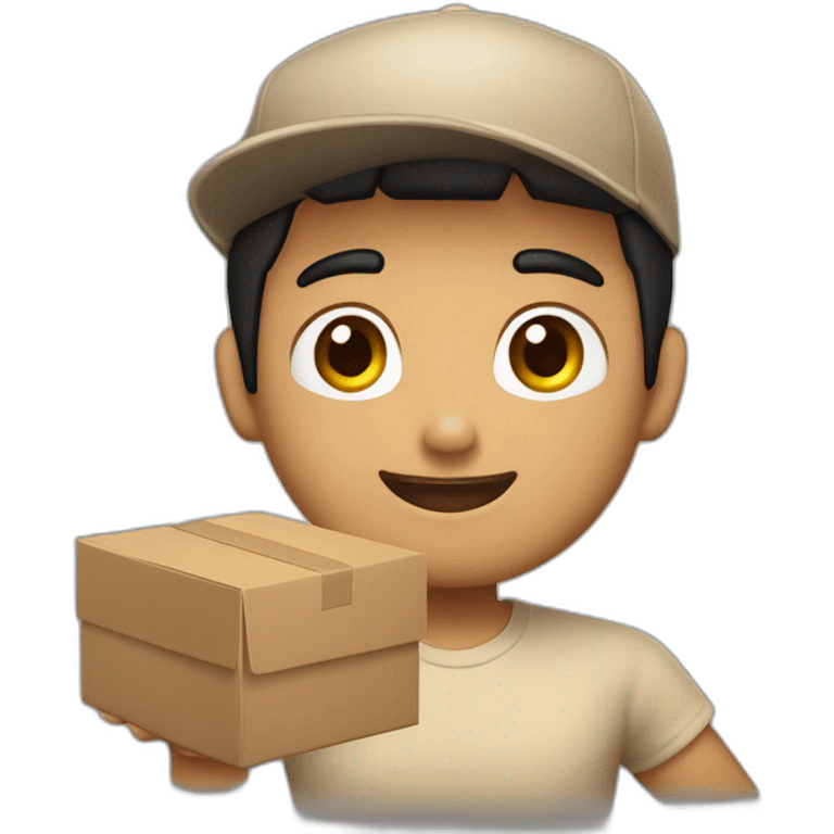 Tan skinned fit Man with black hair in a brown cap and beige polo T-shirt keeping a pasted box into his hands emoji