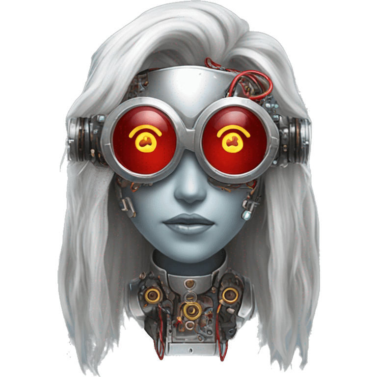 Silver long hair female cyborg head with red steampunk goggles and circuits emoji