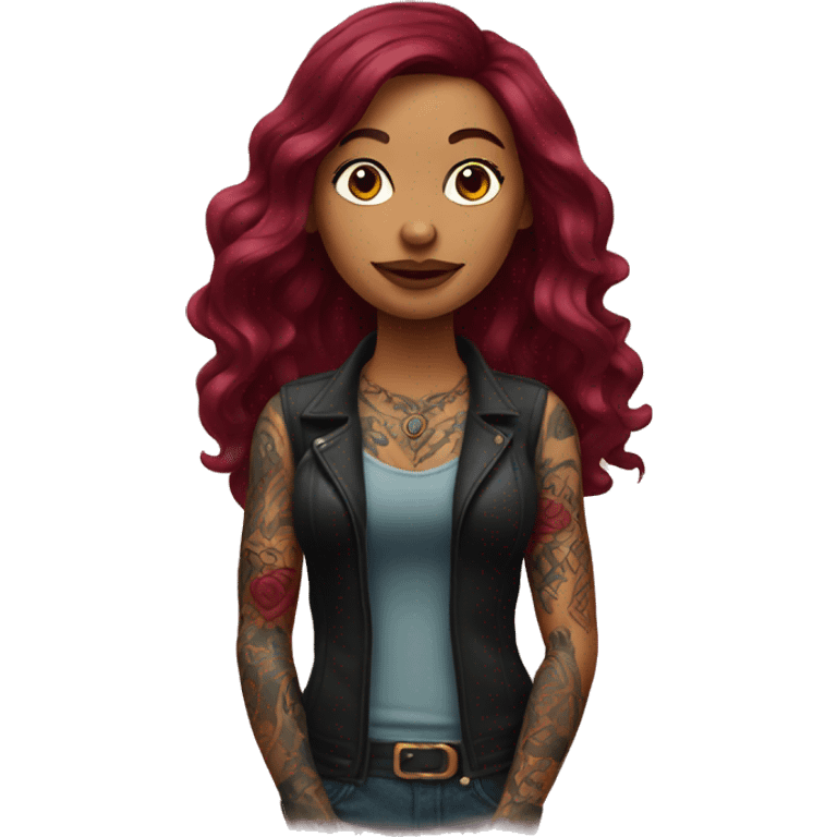 Tattooed woman with long burgundy hair emoji