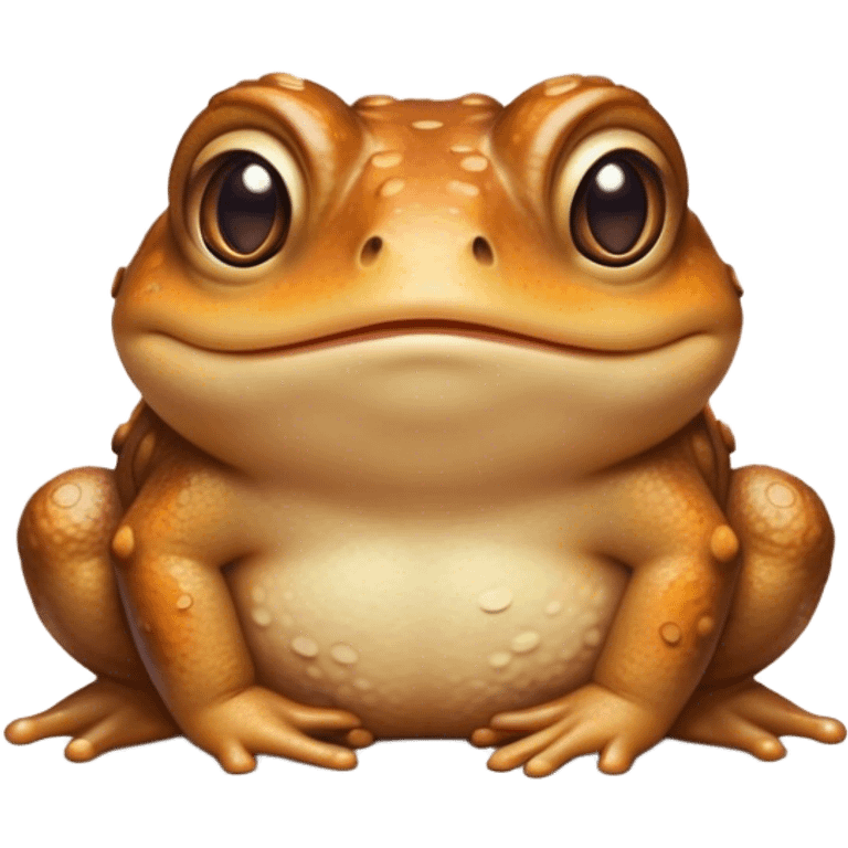 Cinematic Cute Toad Portrait Emoji, Head tilted playfully and inquisitively, featuring a charmingly plump form with bumpy, textured skin in rich earthy hues and round, sparkling eyes full of gentle mischief, Simplified yet irresistibly adorable features, highly detailed, glowing with a warm, friendly woodland glow, high shine, affectionate and lively, stylized with a touch of whimsical nature charm, soft glowing outline, capturing the essence of a mischievous yet loving toad that seems as if it could hop out of the screen into your arms! emoji