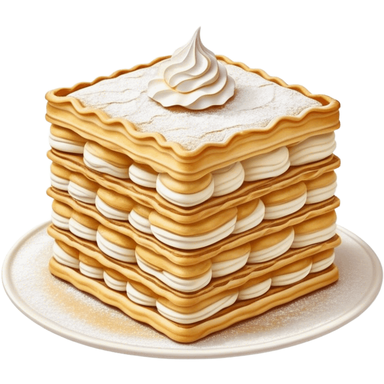 Cinematic Realistic Mille-Feuille Dessert Emoji, depicted as layered puff pastry with rich cream and a dusting of powdered sugar rendered with intricate textures and elegant, soft lighting. emoji