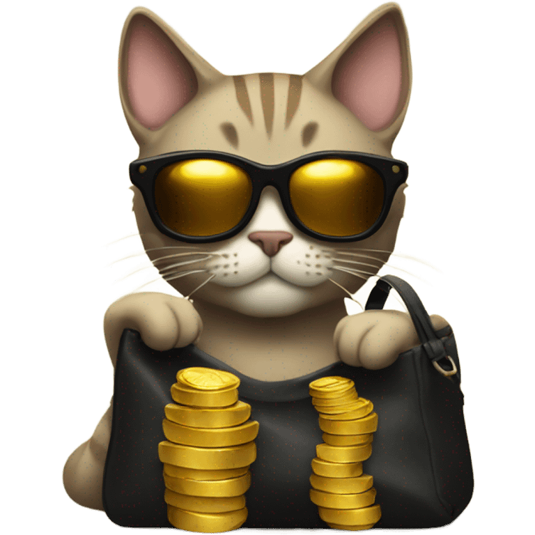 cat in brutal dark glasses with a bag of gold coins emoji