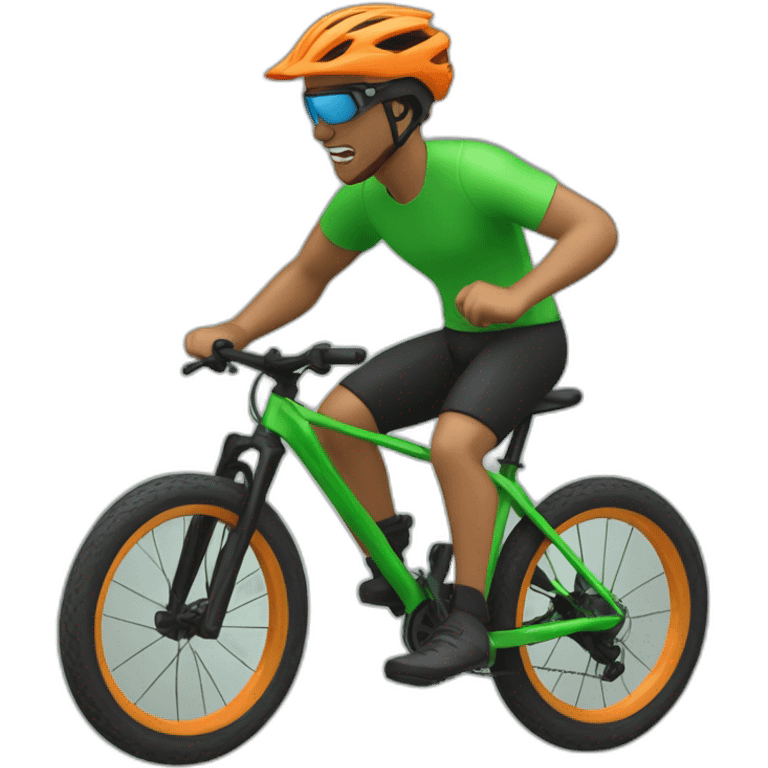 mountain biker with a green bicycle, black pants, and orange t-shirt, running at high speed emoji