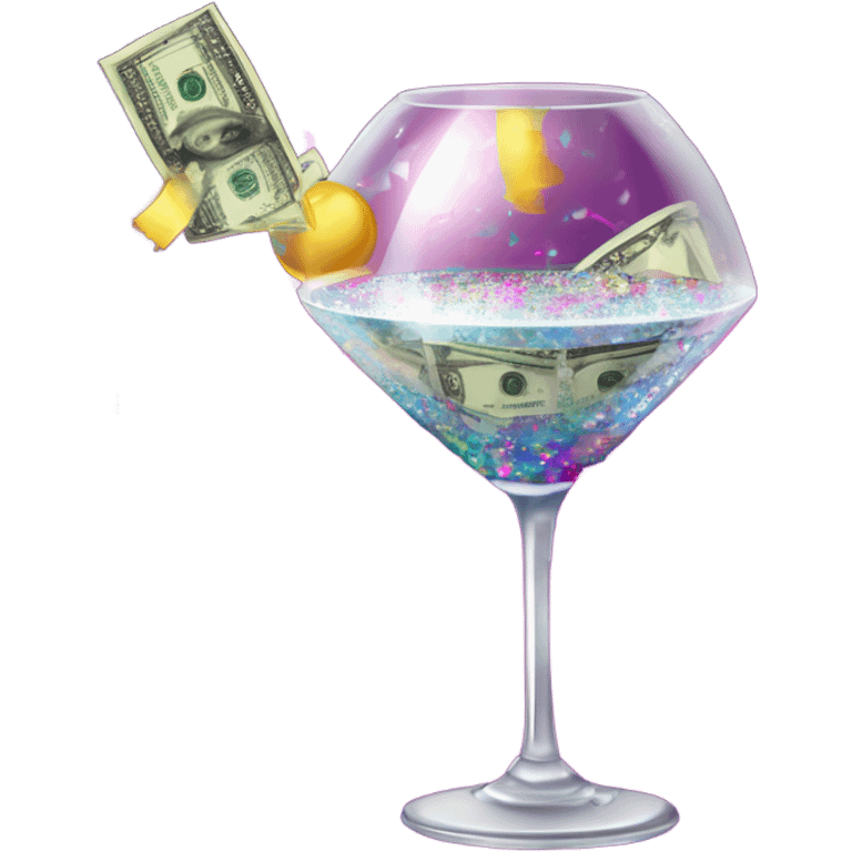 A glittering disco ball with dollar bills flying around it, a spilled wine glass, and a lipstick-stained martini glass surrounded by confetti and sparkles emoji