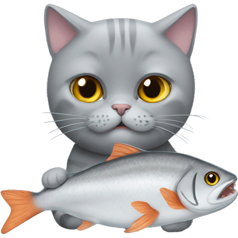 Grey British shorthair cat eating a fish emoji