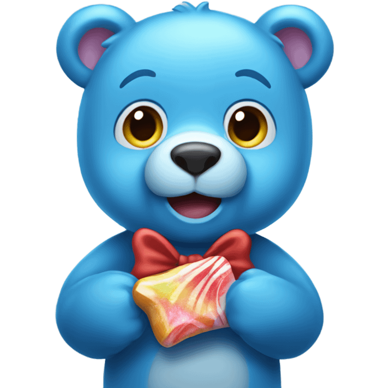 a cute blue bear holding a candy emoji