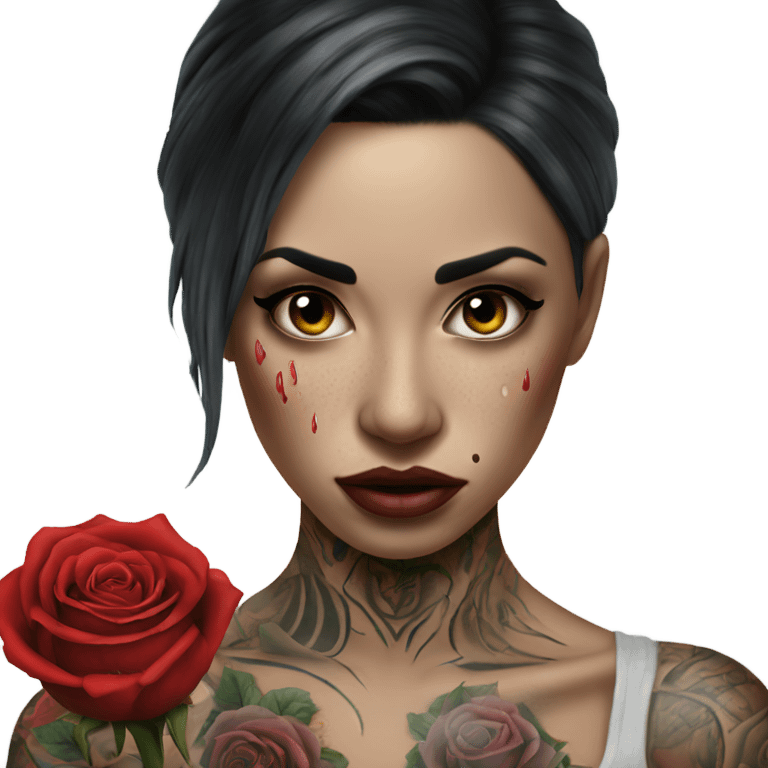 Hyper Realistic Beautiful tattooed woman crying holding a rose emoji