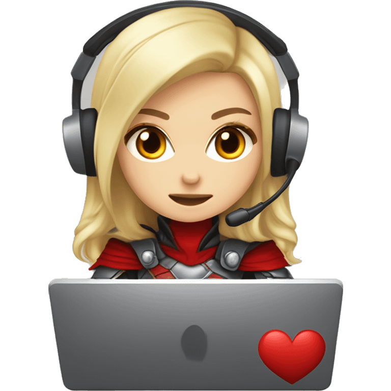 female blonde with armor and a red hood, amber eyes, red crescent moon on her right cheek, talking on headset, playing on her pc, chibi twicht emote, clear background emoji