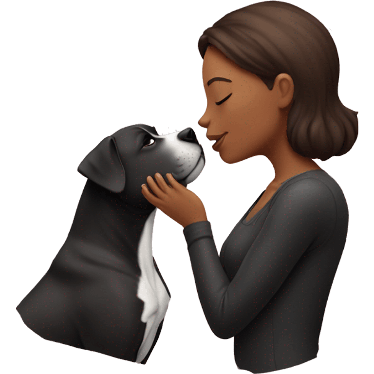 Brunette kissing big black pitbull dog, pink hearts emoji