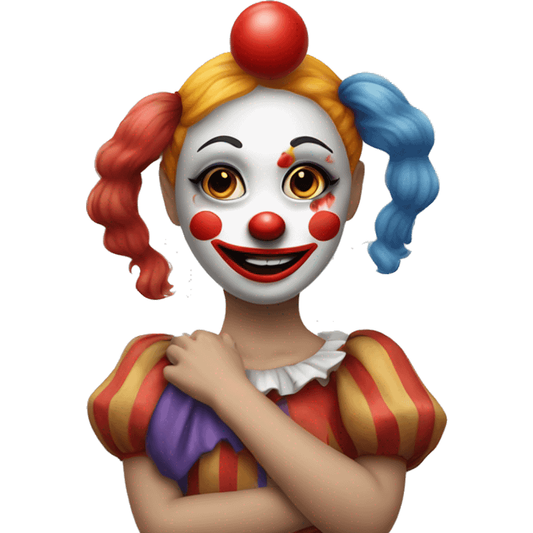 girl hugging a clown with clown makeup, red nose,  emoji