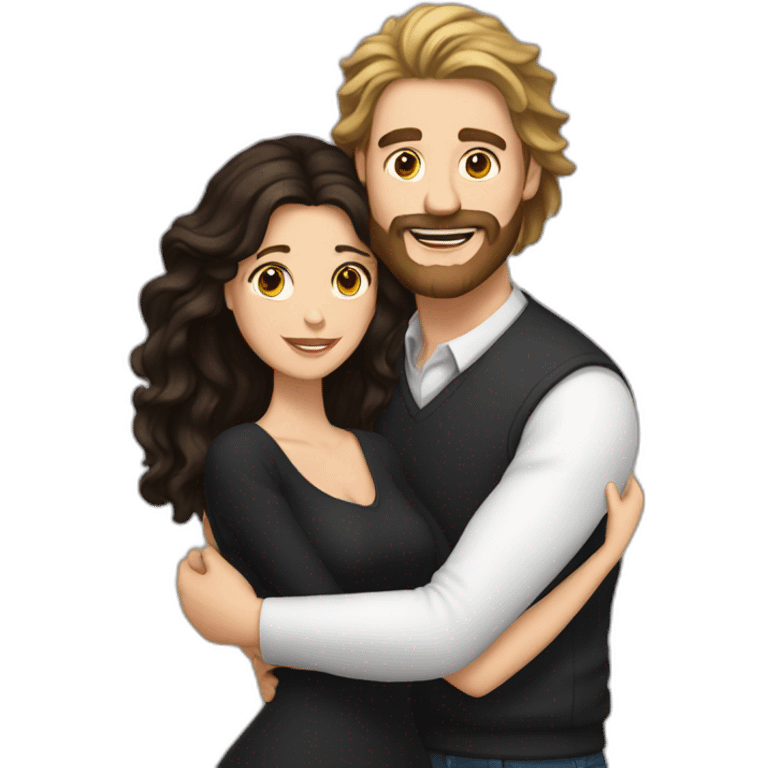 White man brown beard and hair hugging white woman with long black hair emoji