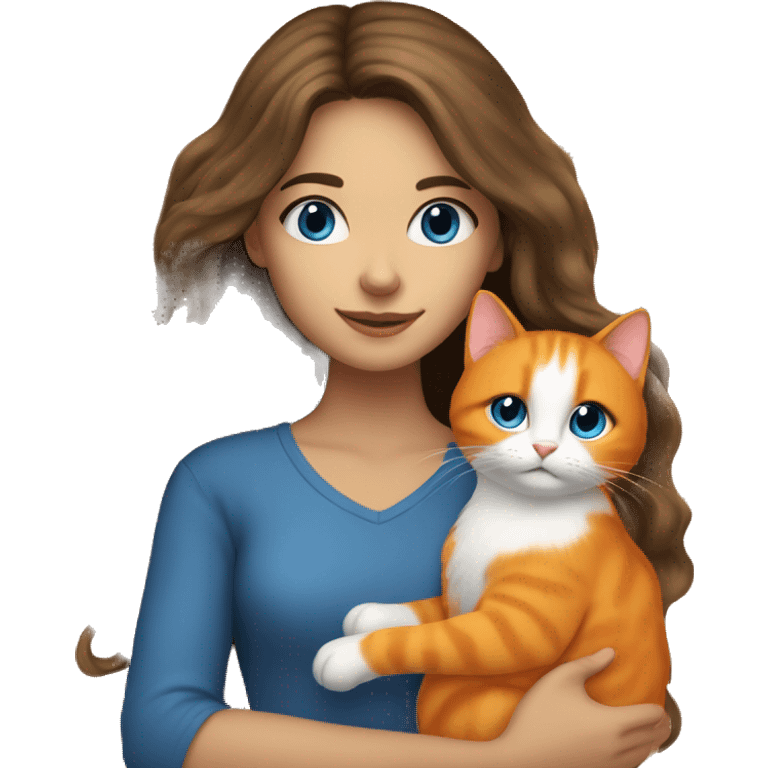 long haired brunette girl with blue eyes holding orange cat emoji