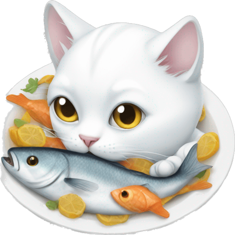 White cat eating fish emoji