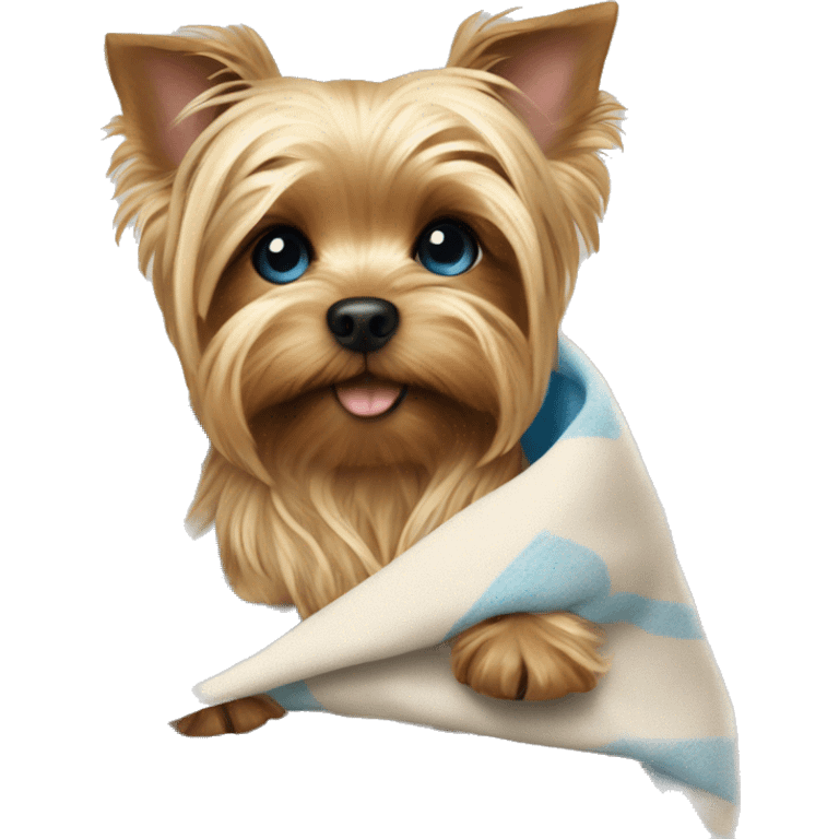 A yorkie puppy wrapped In a blanket held by a blonde haired blue eyed woman emoji