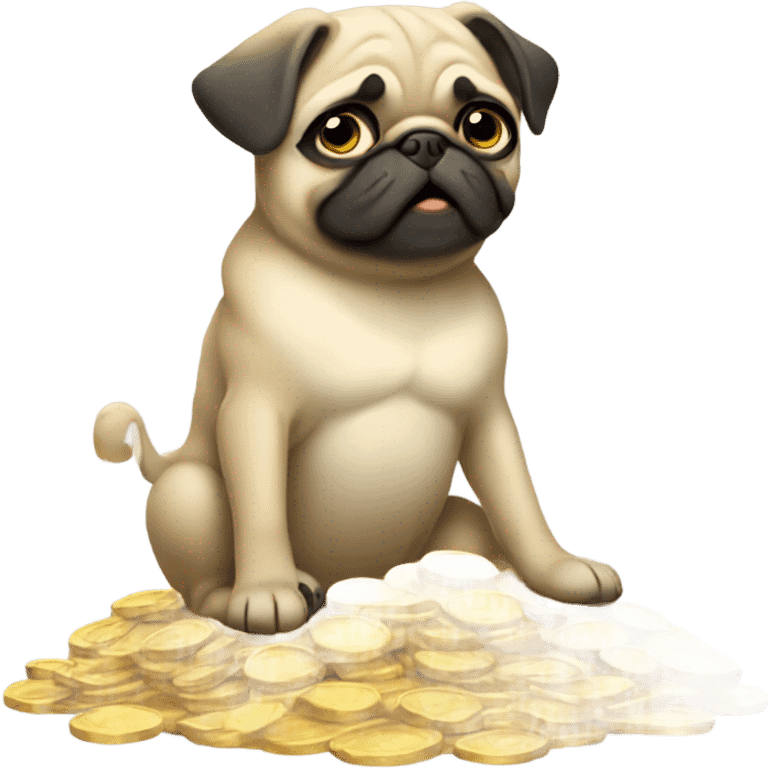 cute derpy pug sitting on a pile of gold coins emoji