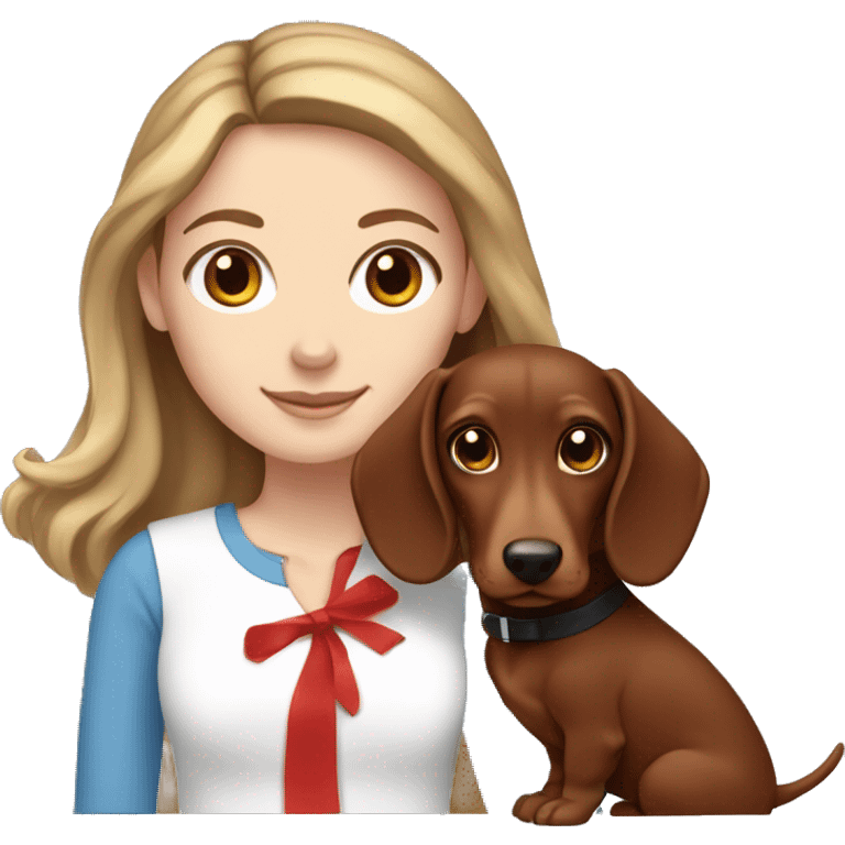 White girl with brown hair and blue eyes holding a red dachshund  emoji