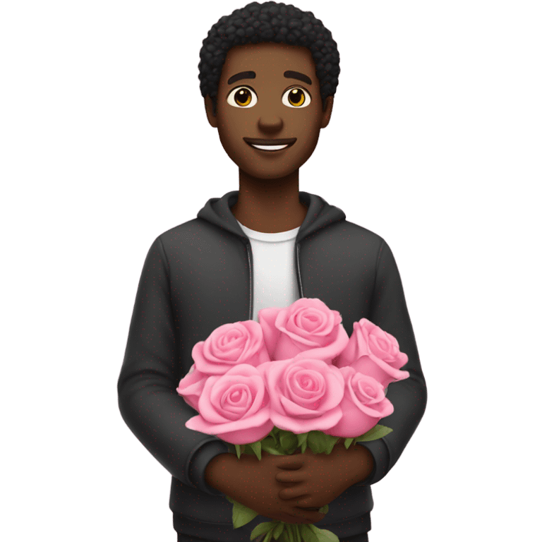 Black guy holding pink roses emoji