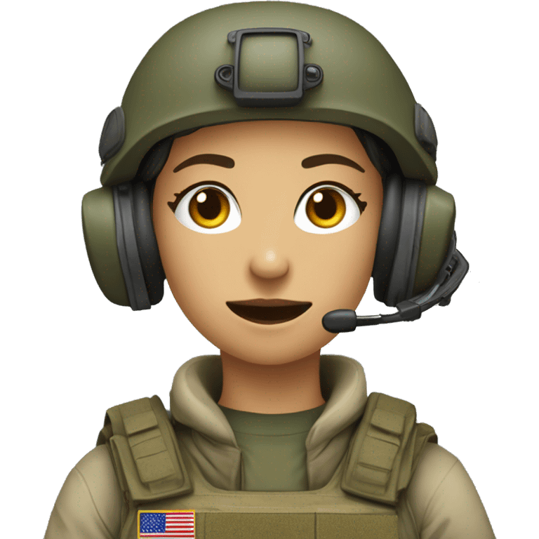 Military operator dressed with a helmet, without glasses, wearing a headset, ready to respond to alerts, preferably female, no country badge on clothes emoji