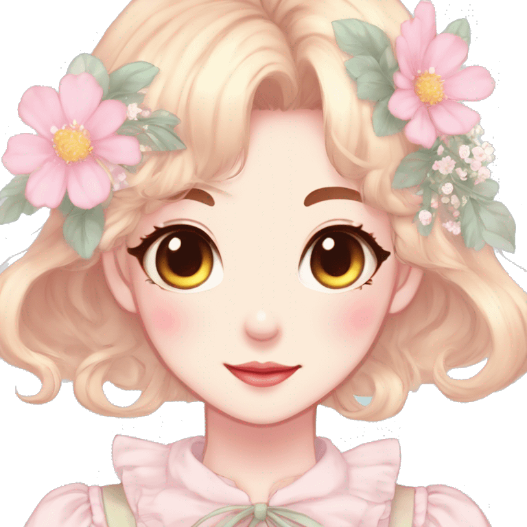 Gorgeous pastel anime style lady with blushing face and flowers cottagecore fairycore pastelcore colorful pearly romantic simplistic aesthetic trending style emoji