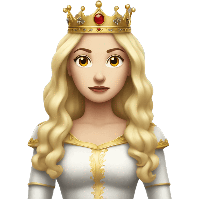 White-skinned woman, long blonde hair, crown on head, serious expression, queen emoji