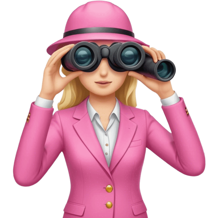 white female employee in pink suit using binoculars emoji