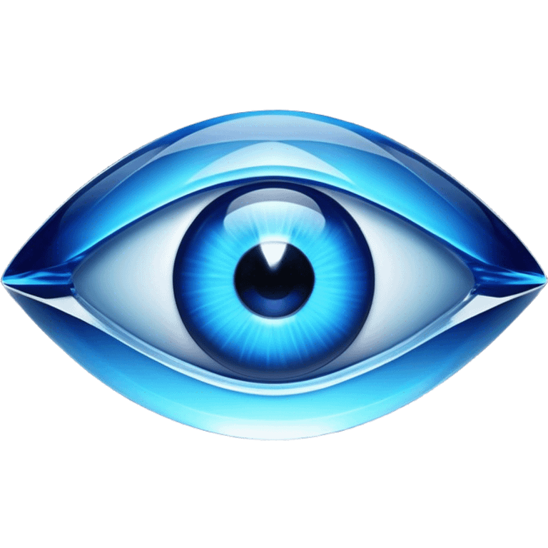 Cinematic Realistic image of a glass Evil Eye blue stone, rendered with translucent, luminous blue hues and finely cut facets that catch soft reflective light, set against a dark, minimalist backdrop to emphasize its mystical allure. emoji