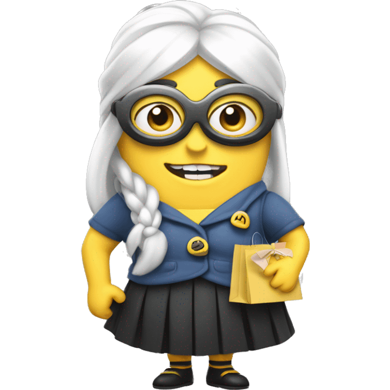 Despicable 4 character mega minion with a white hair bow and skirt, eyelashes, and shopping bags emoji