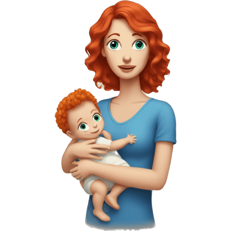 A woman with red hair and blue eyes holding a baby emoji