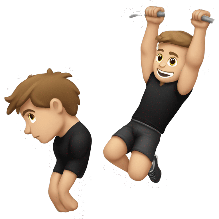 white boy, brown hair, black t shirt doing muscle ups emoji