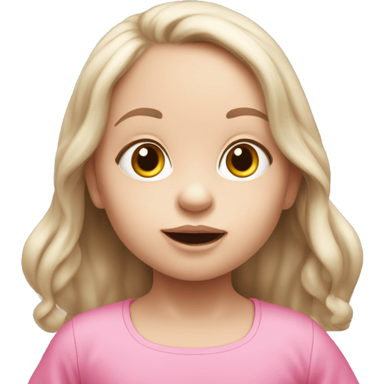 White skinned baby girl with long hair wearing pink clothes eating emoji